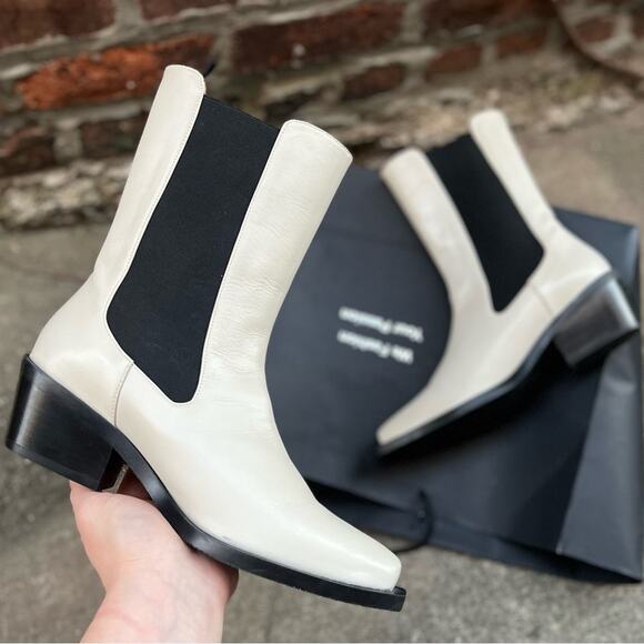 NEW Size 6.5 Stuart Weitzman Miley Western Leather Mid Calf Boot in Cream/ Black - Picture 1 of 10